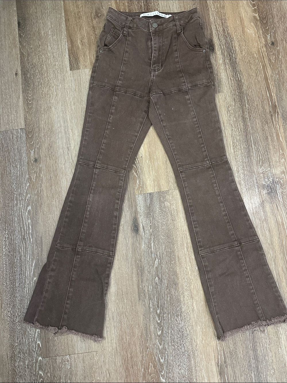 Tinseltown Brown Flared Seam-Panel Jeans